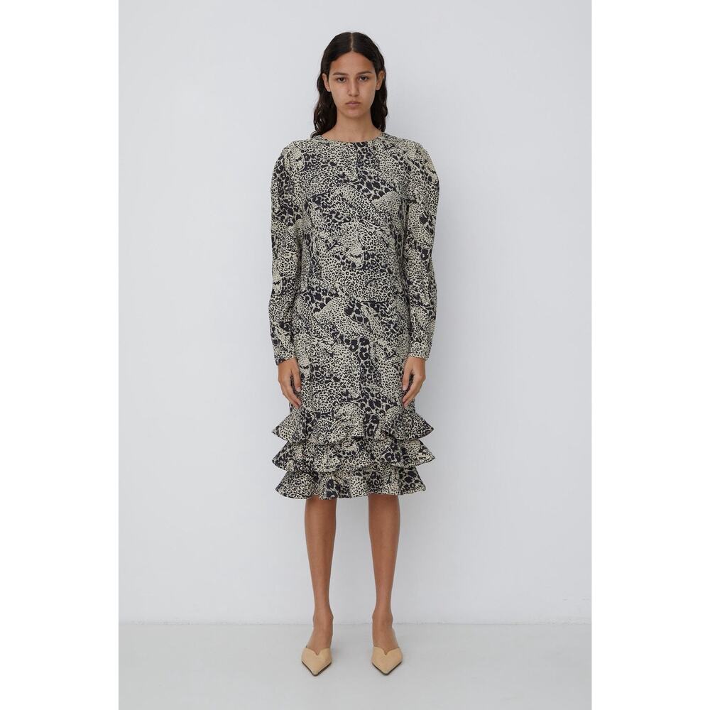 Vtg Louis Feraud 100% silk long sleeve dress US 16 Cheetah Animal Ruffle